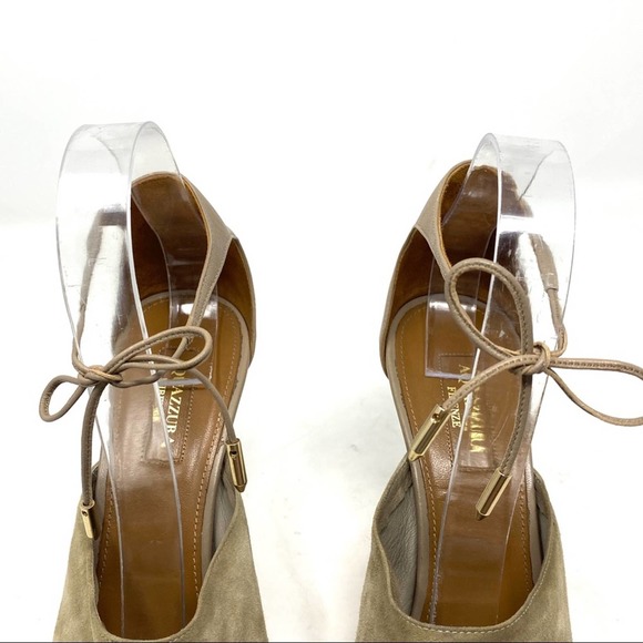 Aquazzura Estelle Leather Suede Cream Grey Taupe Ankle Tie Peep Toe Heels - Picture 4 of 13